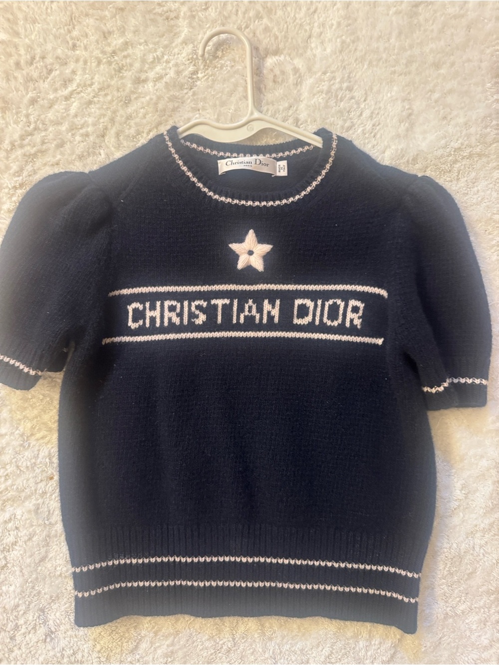 Dior Navy Knit Short-Sleeve Sweater with Cream Star Trim